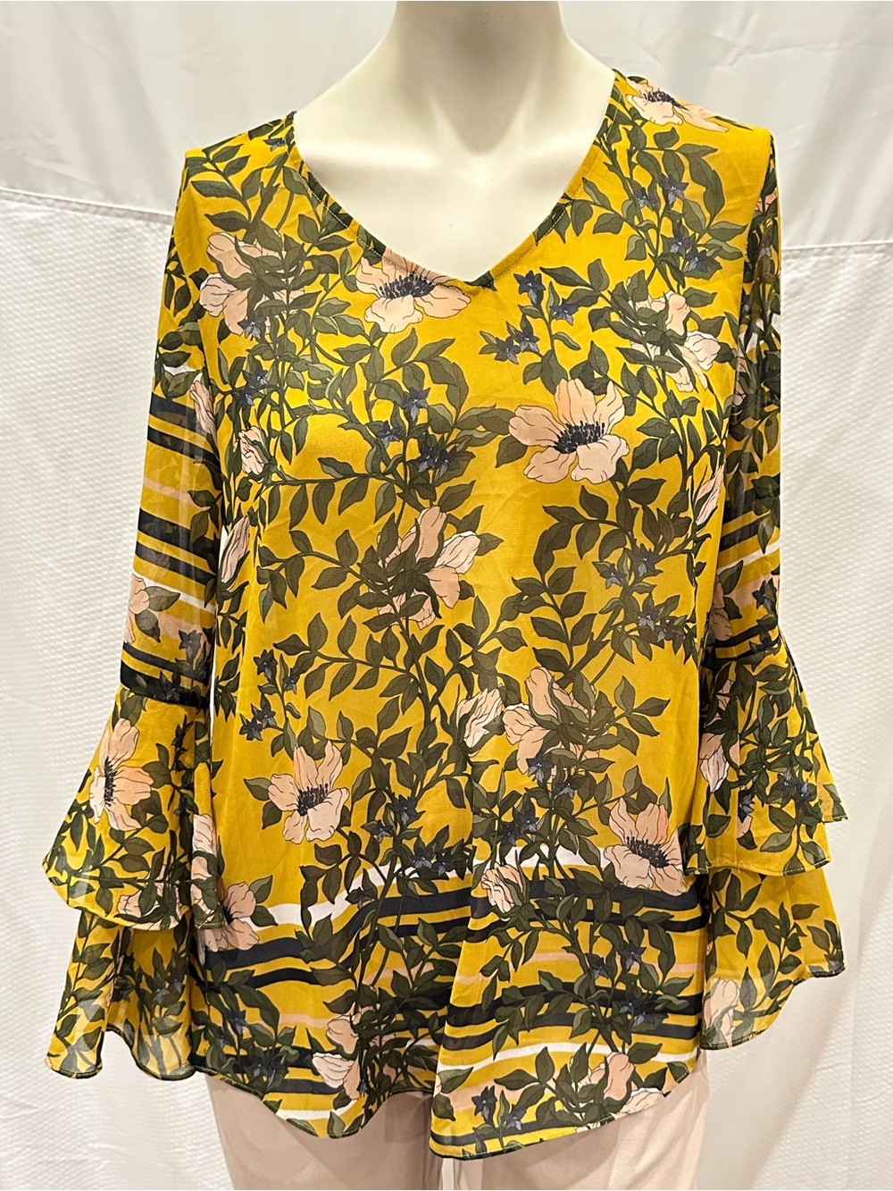 Cabi Mustard Floral V-Neck Ruffle Sleeve Blouse